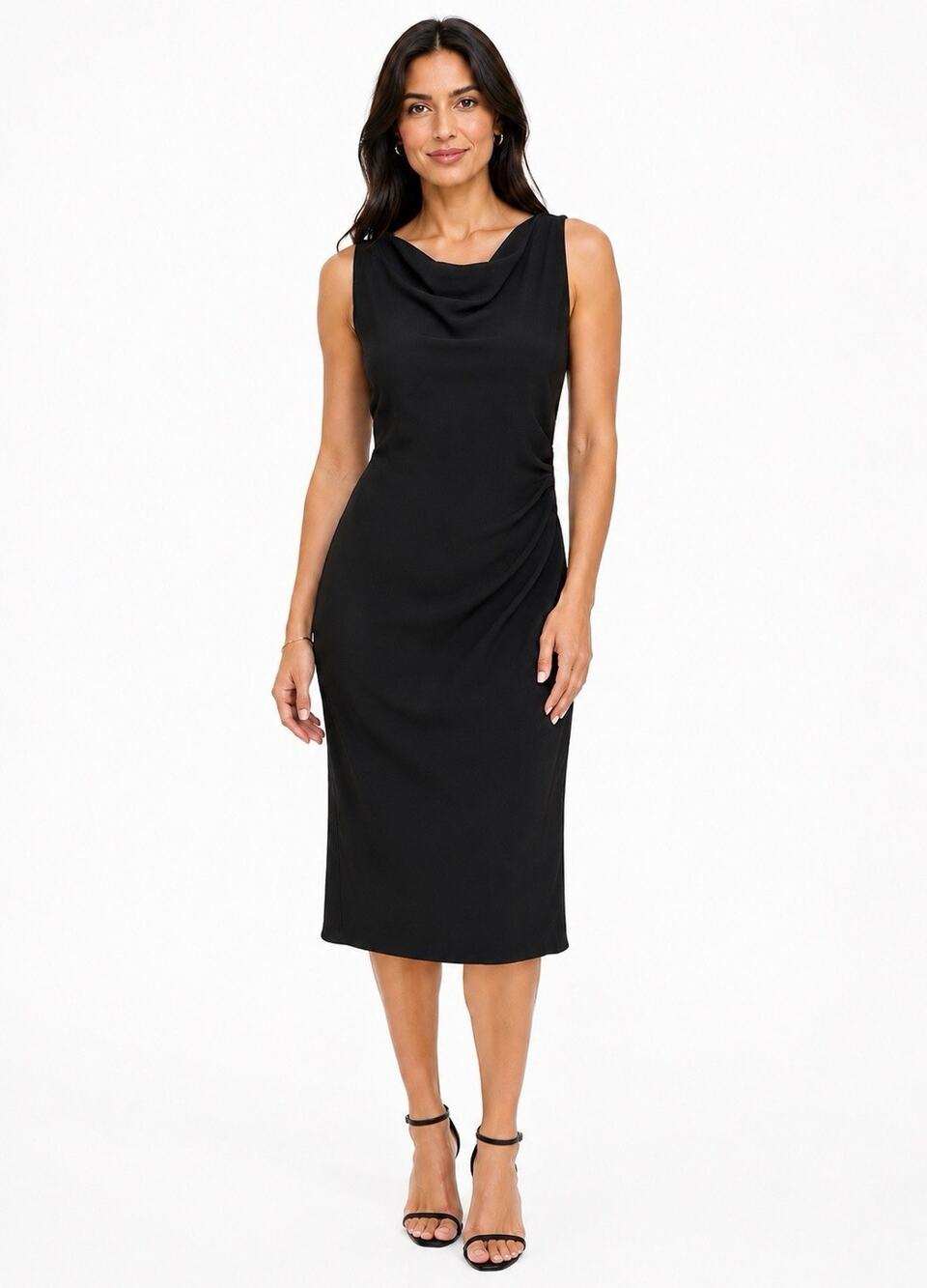 Emanuel Ungaro Cowl Neck Crepe Ruched Dress Sz 12 /46 Black Classic Minimalist